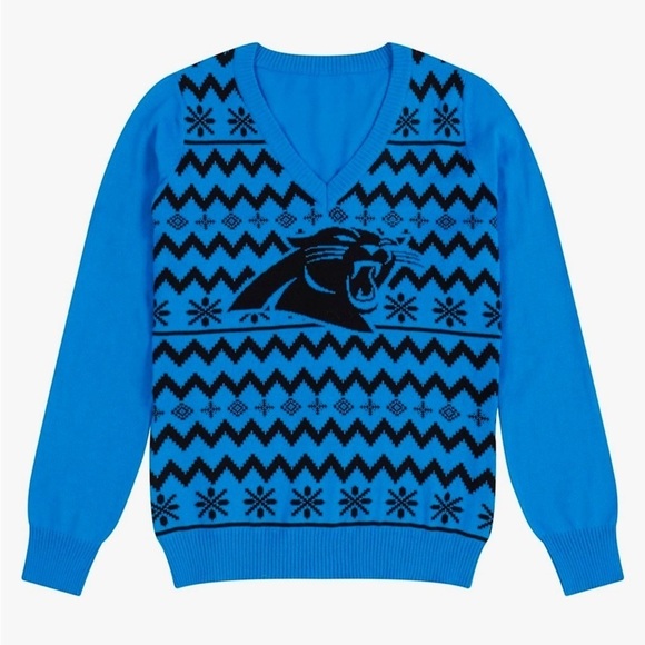 NWT Carolina Panthers FOCO NFL Womens NFL Team Logo Ugly Holiday V-Neck Sweater - Picture 1 of 4